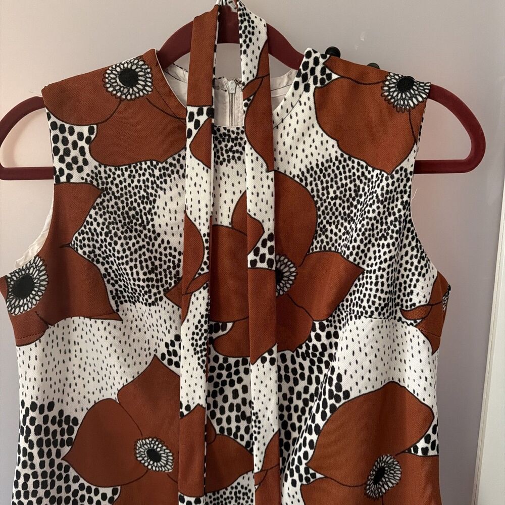 Vintage 60s 70s Parkshire Original Mod Shift Dress Brown Black White Flower M - Picture 2 of 8